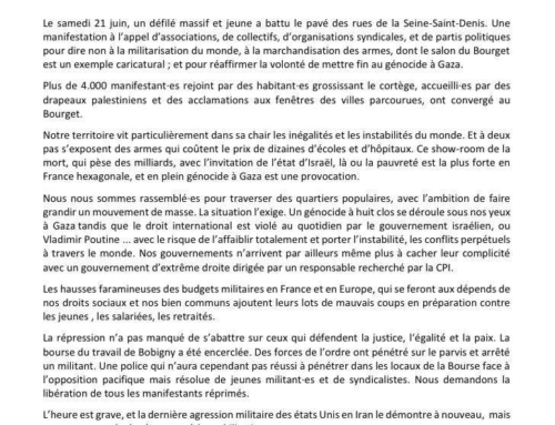 Contre salon du Bourget: Plus de 4000 manifestant.es en SEINE SAINT DENIS entre le génocide à Gaza et la militarisation du monde